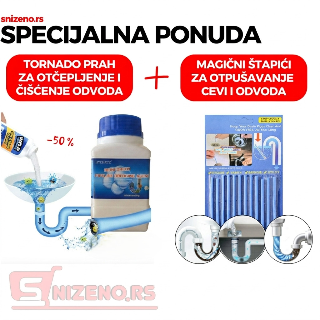 Tornado Prah za Otčepljenje i Čišćenje Odvoda + Magični štapići za otpušavanje cevi i odvoda (12 komada) – VIKEND AKCIJA